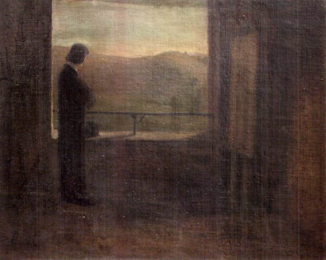 Gulácsy Lajos Ablaknál című festménye, ahol maga Gulácsy áll egy erkélyen és a távolba tekint. 